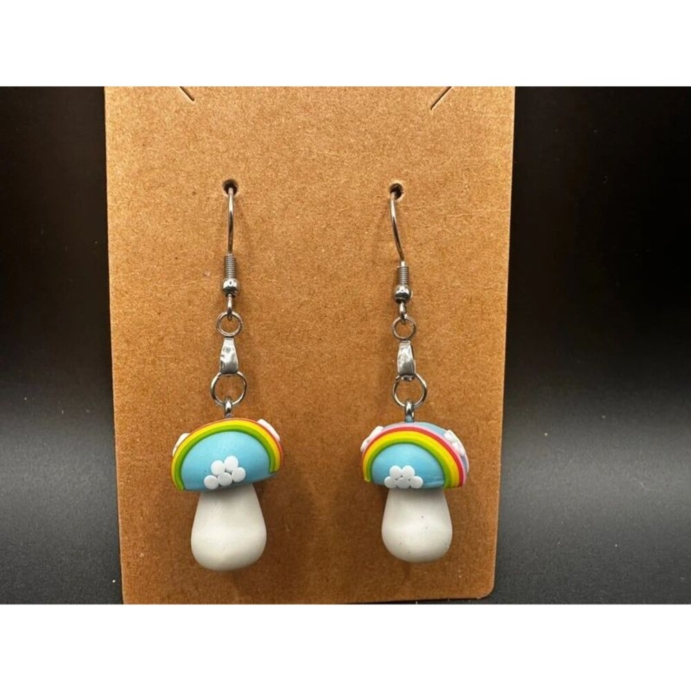 Rainbow Mushroom Dangle Earrings – Stainless Steel Hooks